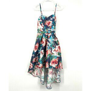 Venus Dress Blue Floral Print High Low Sleeveless Fit Flare A Line